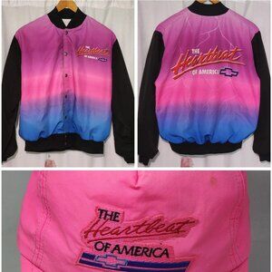 Vtg 80s Chevy Chevrolet Heartbeat Lightning Ombre Pink Purple Blue Bomber Jacket